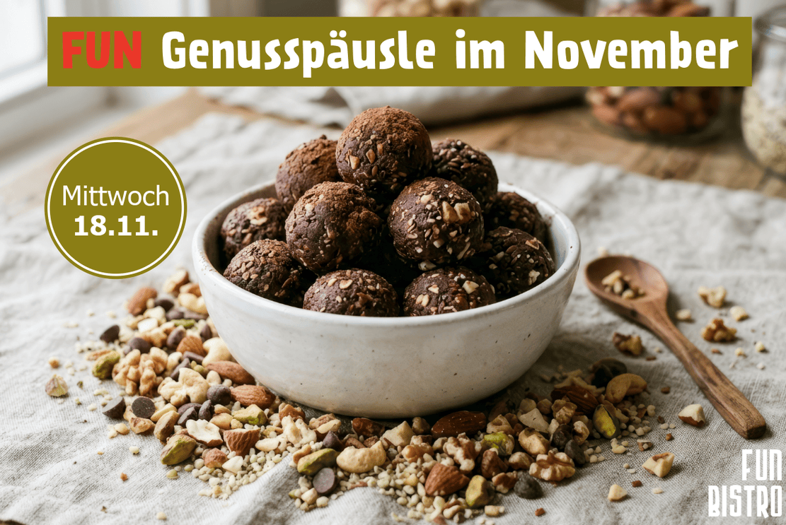 Schale mit selbstgemachten Energy Balls, Nüssen und Schokostückchen – FUN Genusspäusle am 18.11.