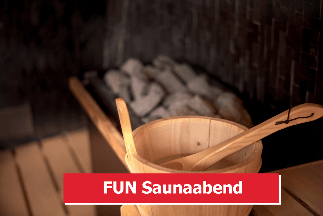 Holzkübel mit Saunakelle vor dem Saunaofen – FUN Saunaabend im FunSportZentrum